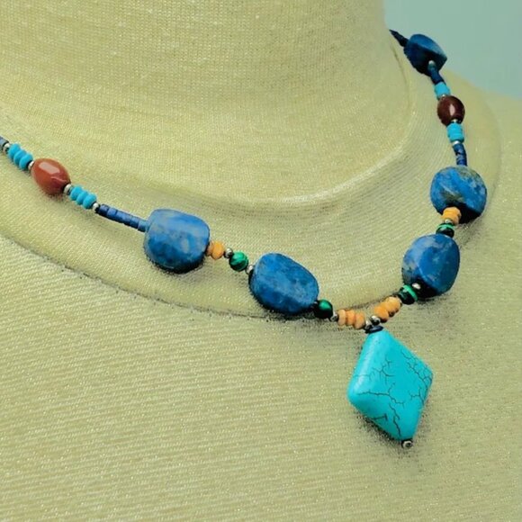 Lapis and Turquoise Beaded Necklace, Handmade Vintage Beaded Necklace - Picture 5 of 12